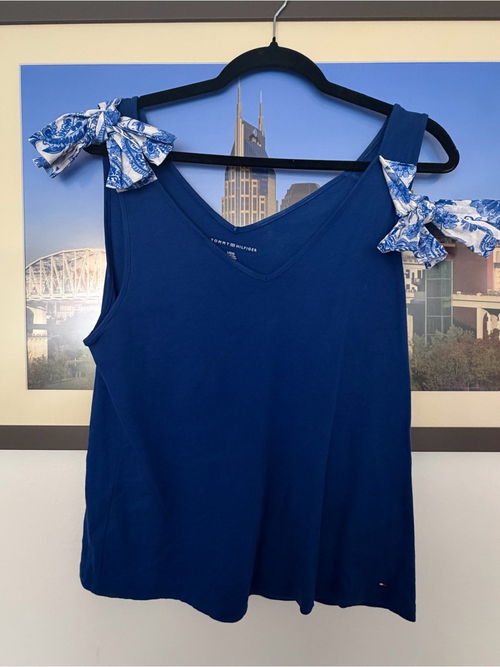 Tommy Hilfiger Royal Blue V-Neck Tank with Printed Tie Shoulders